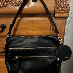 Aldo Black Faux Leather Shoulder Bag with Gold Accents
